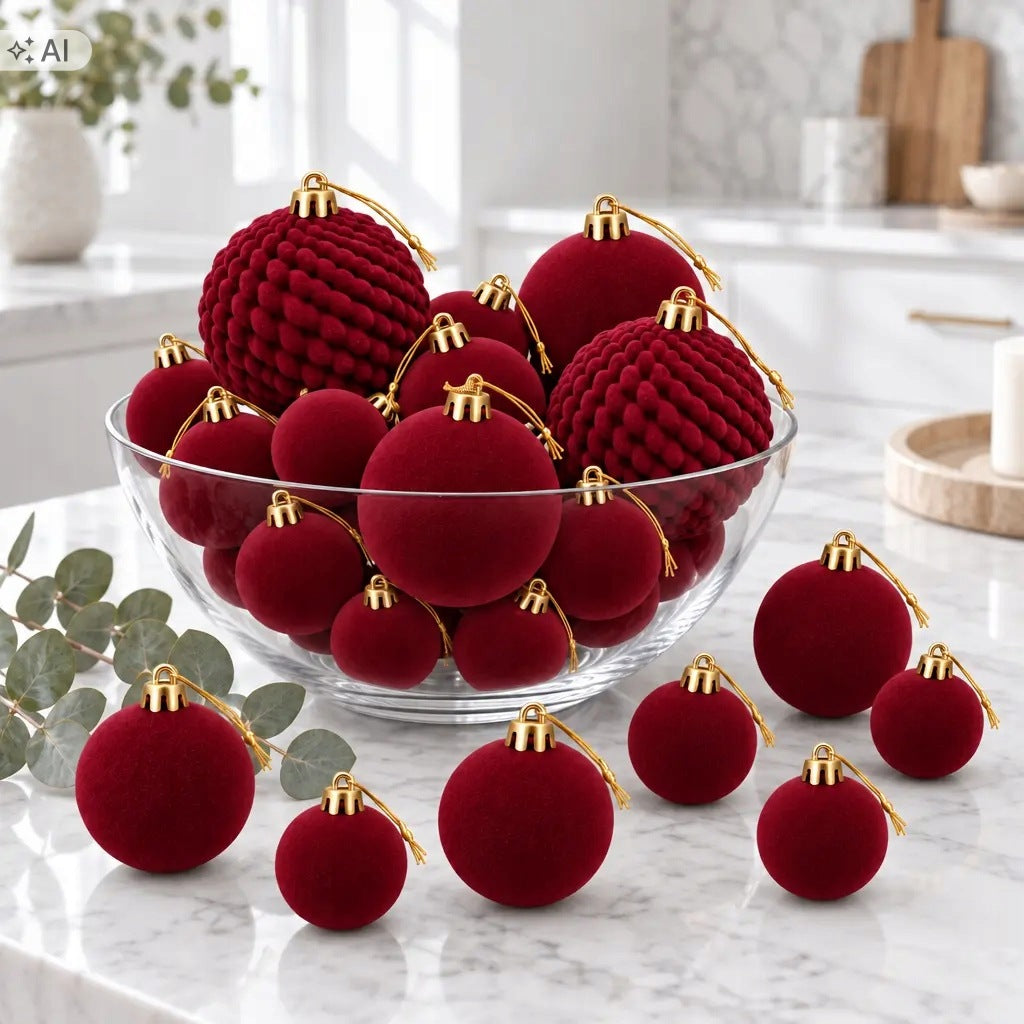 Set of 19 flocked Christmas balls 4 6 8 cm burgundy plastic Packaging status original