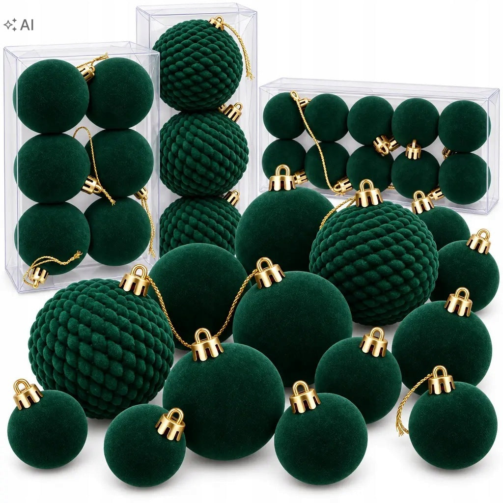 Set of 19 flocked Christmas tree baubles 4 6 8 cm braided green