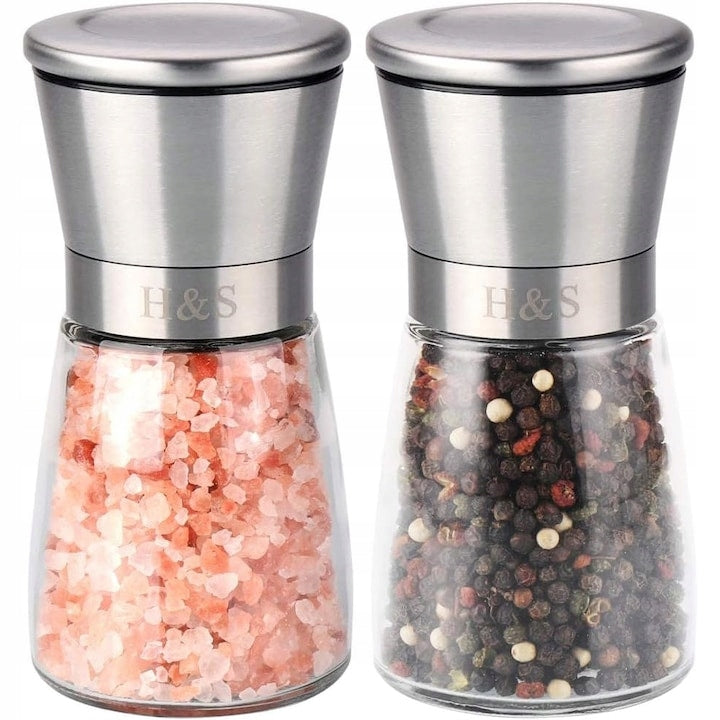 Set of 2 H&S Salt and Pepper Grinders, Stainless Steel/Glass