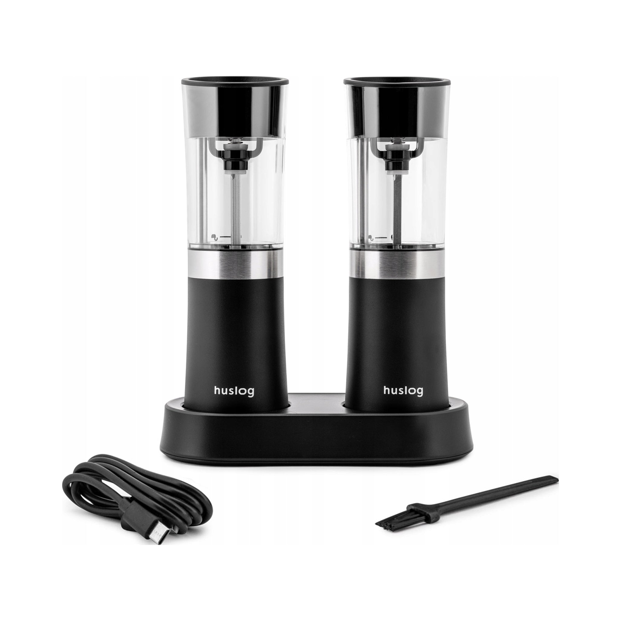 Set of 2 Salt and Pepper Grinders with Charging Station HUSLOG HUS1033 Black