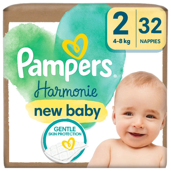 Set of 2x Pampers Harmonie New Baby Diapers, Size 2, 32 Pack, 4kg-8kg Packaging status original