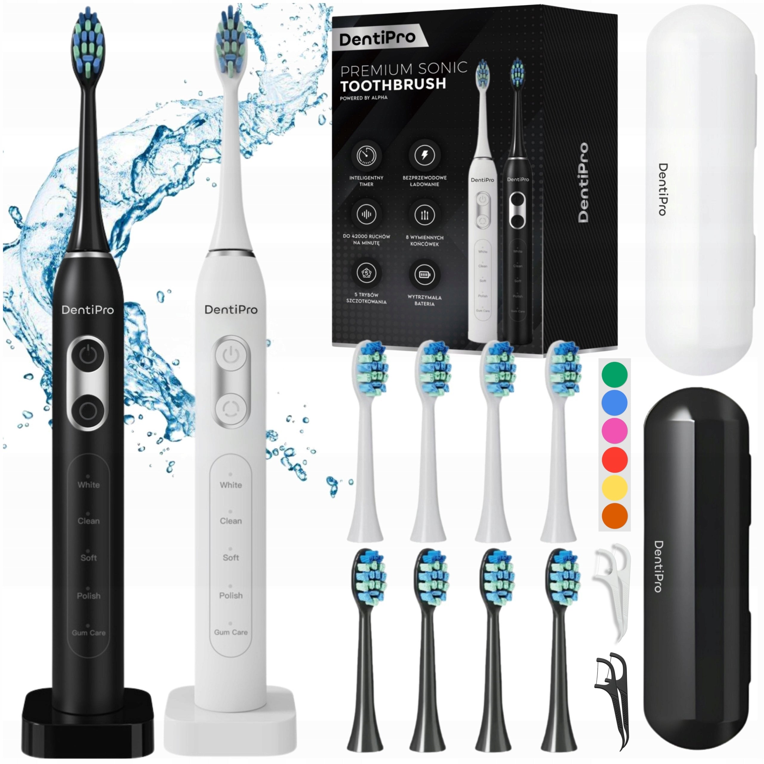 Set of 2x Sonic Toothbrush + Case + 8 Tips - Electric