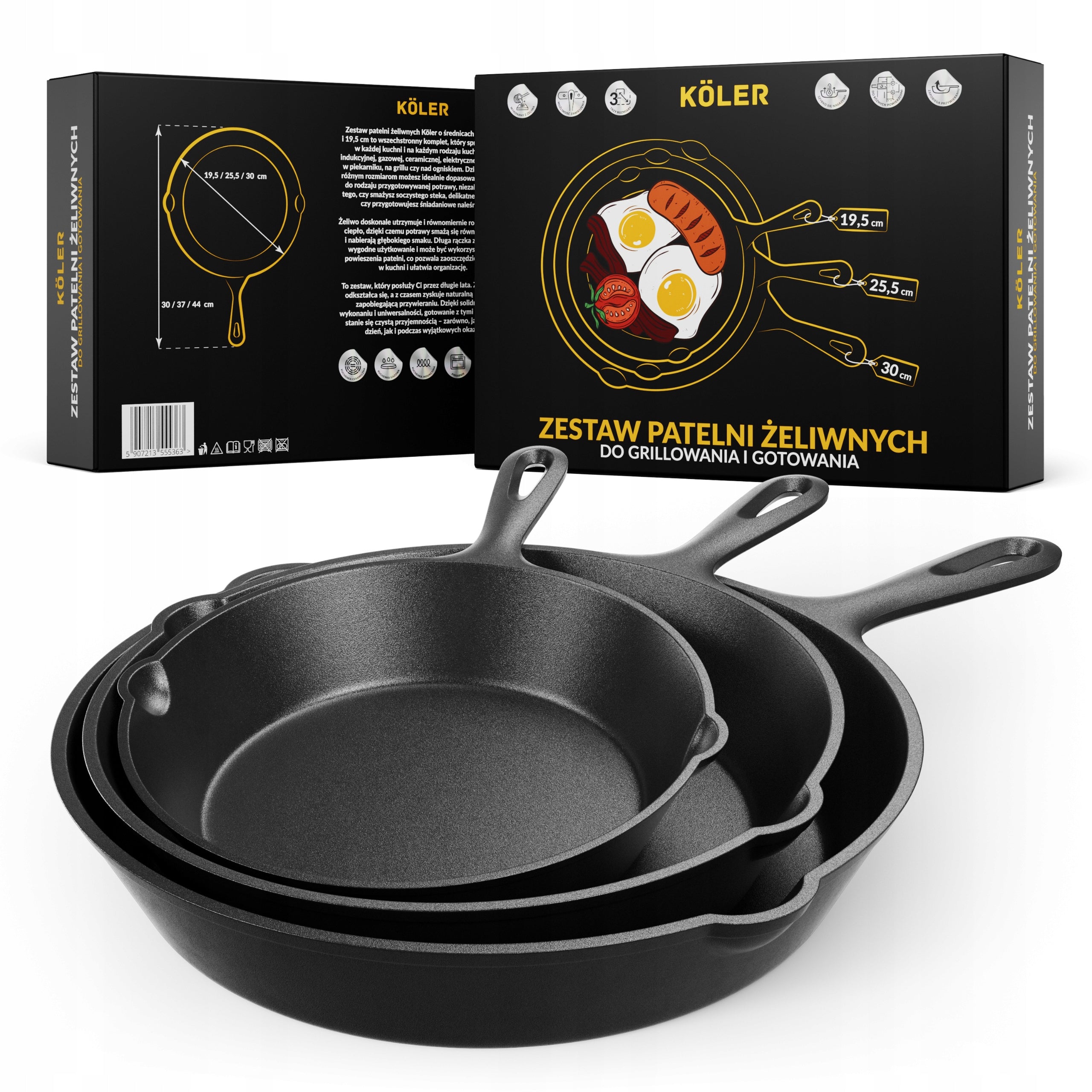 Set of 3 Cast Iron Pans KOLER Induction Gas Fire Pit Oven + Overlay