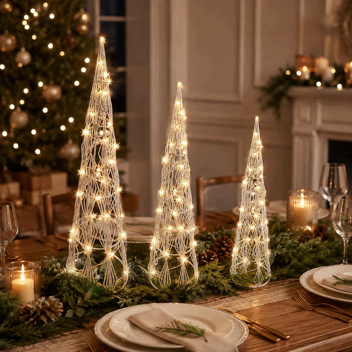 Set of 3 Decorative Christmas Trees Cones Ornament Cone Christmas Tree Led White Packaging status original