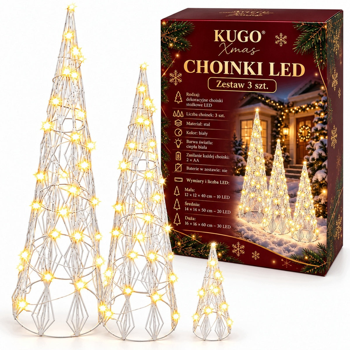 Set of 3 Decorative Christmas Trees Cones Ornament Cone Christmas Tree Led White