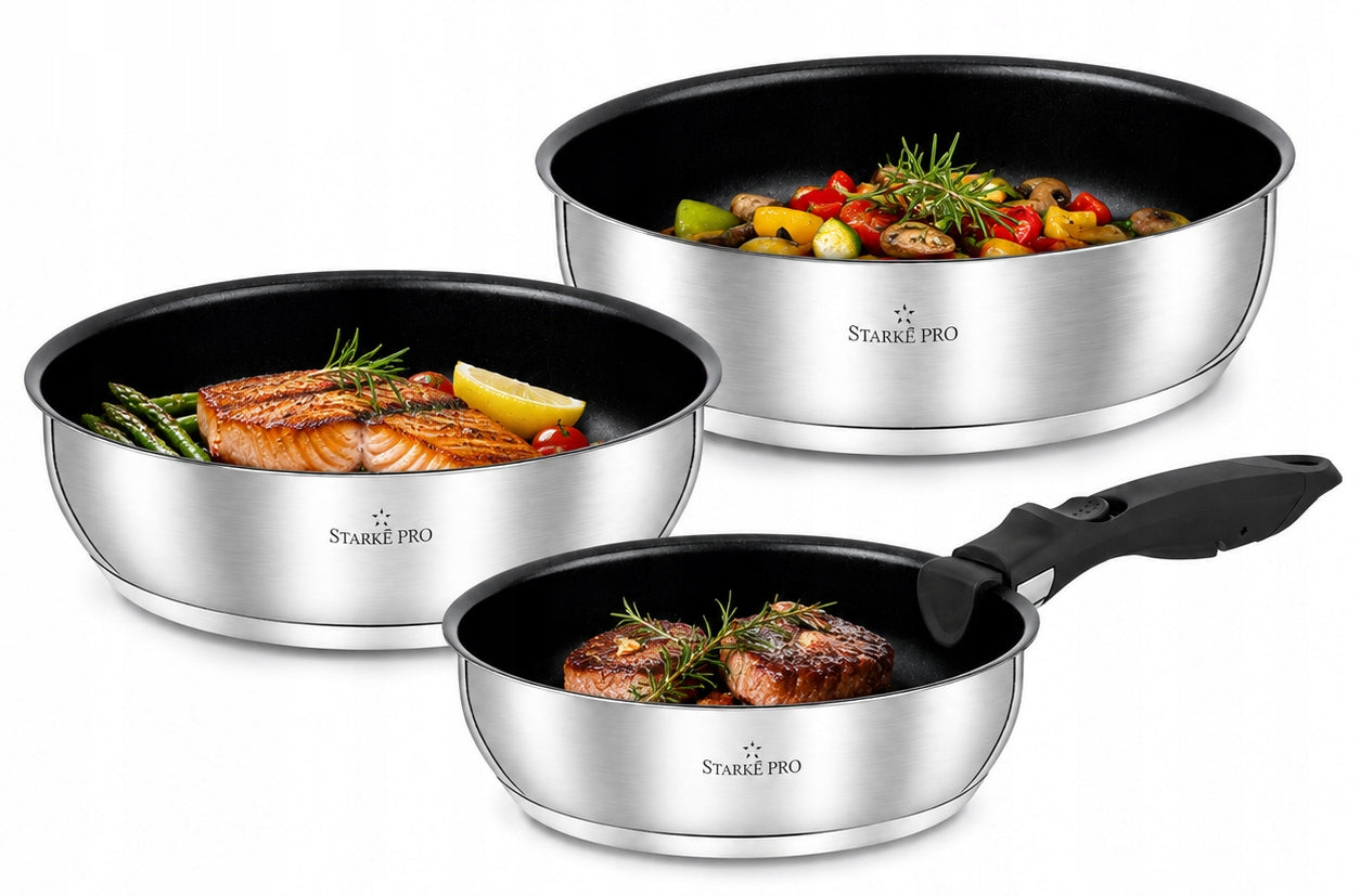 Set of 3 PANS DETACHABLE HANDLE INDUCTION GAS Starke Pro 20, 24, 28 cm.