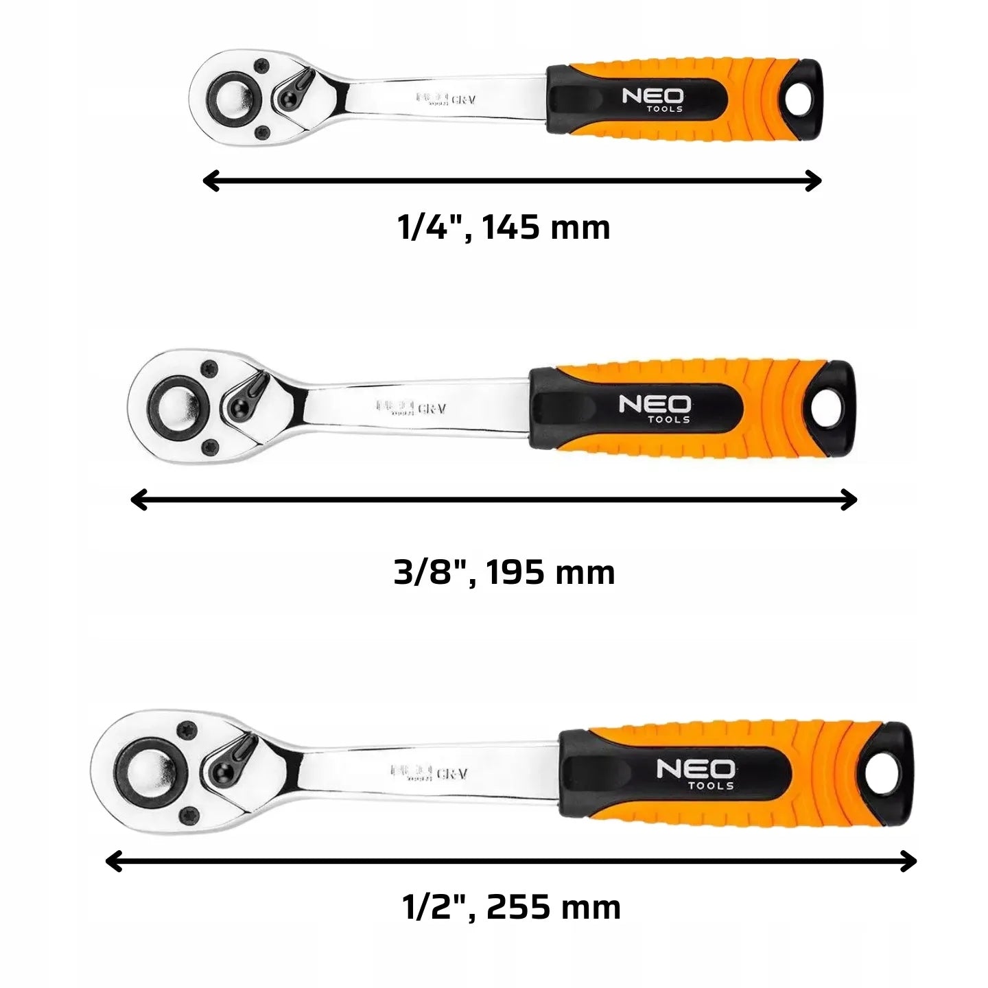 Set of 3 Rattle 72T Ratchet 1/2 + 1/4+ 3/8 Socket Wrench NEO Manufacturer code ZEST_2166