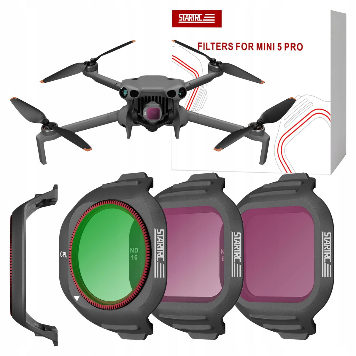 Set of 3 STARTRC filters for DJI Mini 5 Pro CPL, ND16, ND64 + case