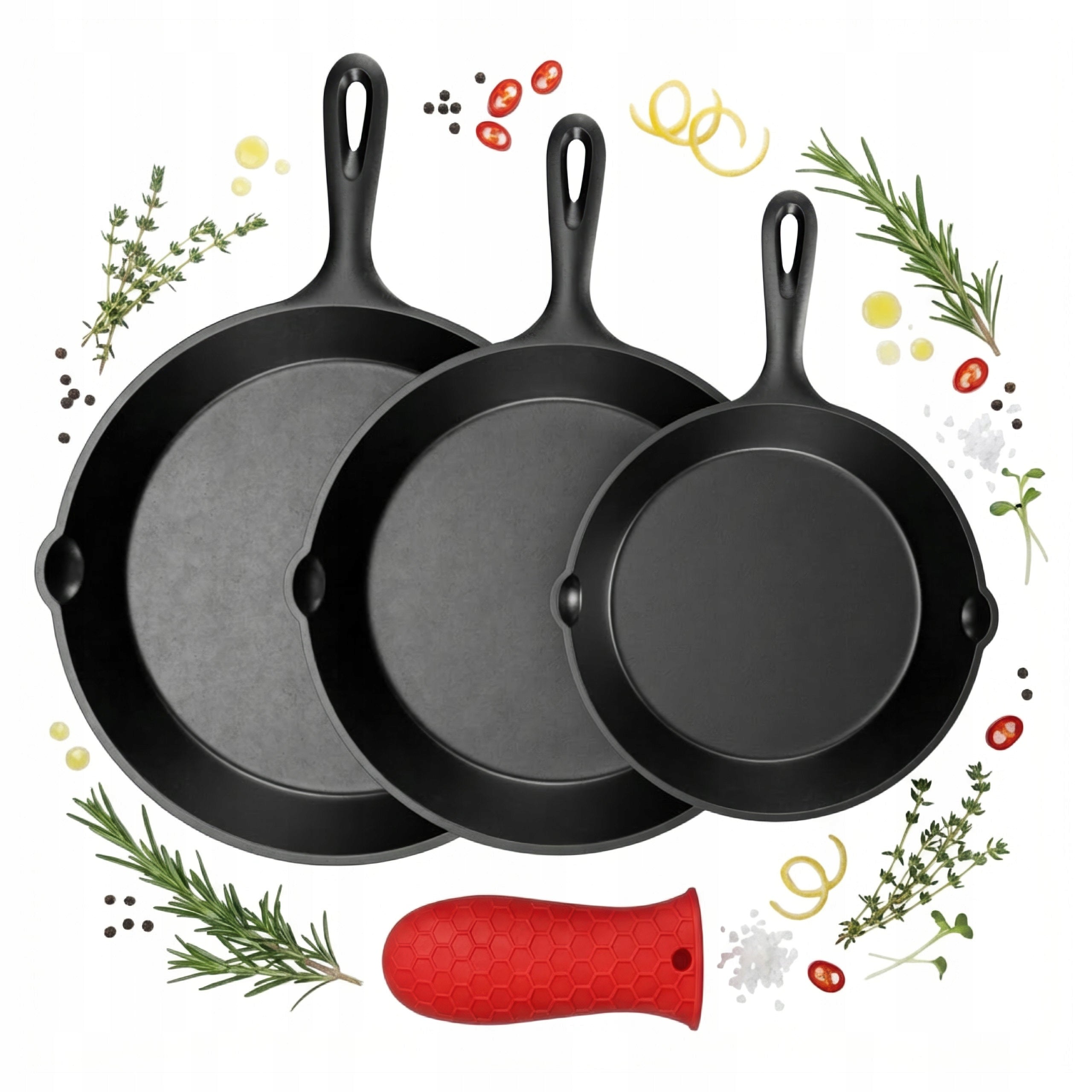 Set of 3 Solid CAST IRON Pans Induction Fire Pit Grill Gas + Overlay