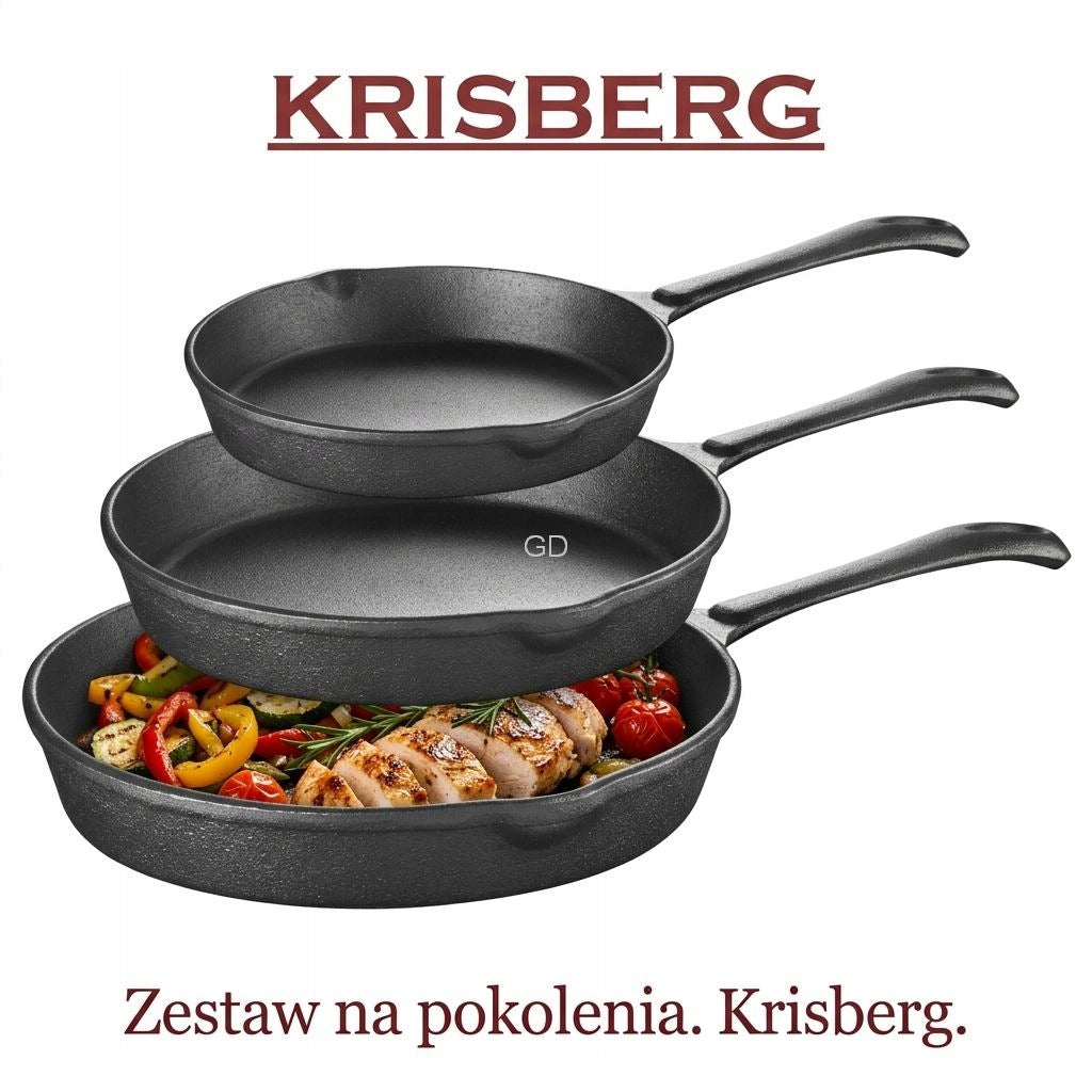 Set of 3 cast iron pans 16 / 20 / 25cm induction heavy KRISBERG KS-2573
