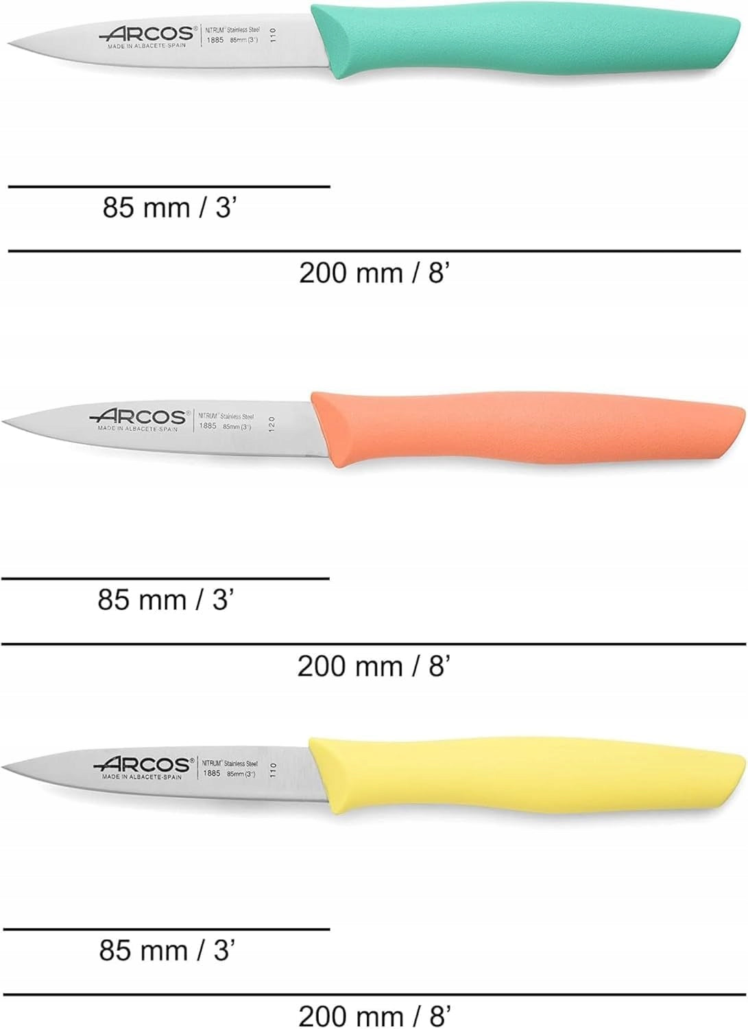Set of 3 colorful stainless steel kitchen knives ARCOS Nova Packaging status original