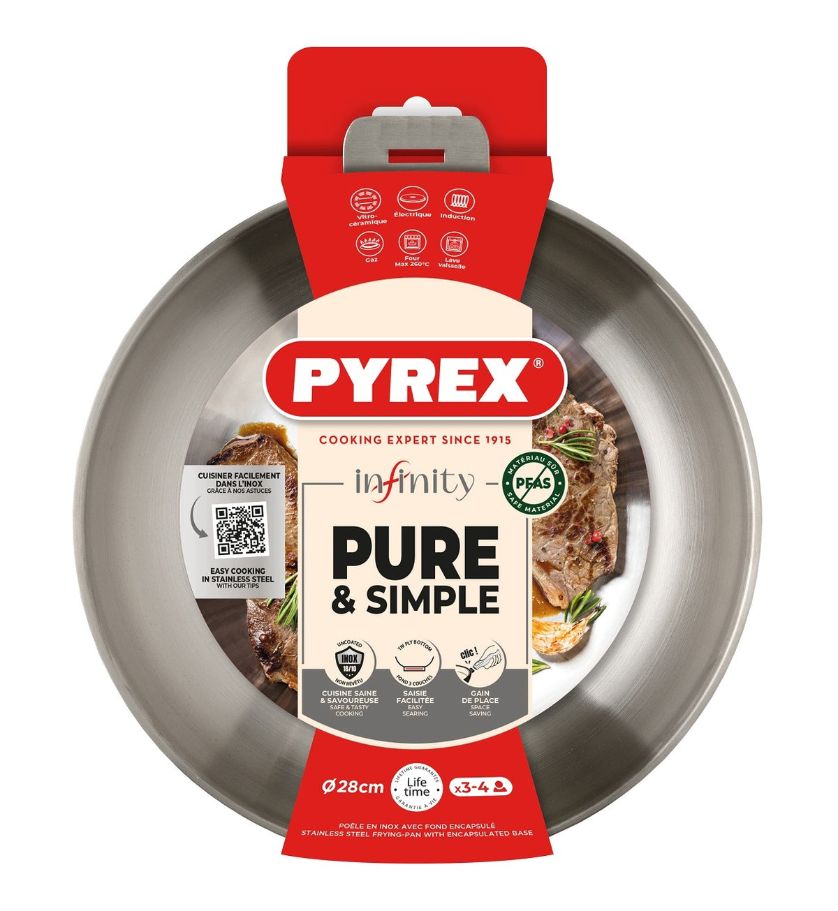 Set of 3 pans stainless steel PYREX INFINITY without PFAS + handle + blade Manufacturer code POTZPY-INF3