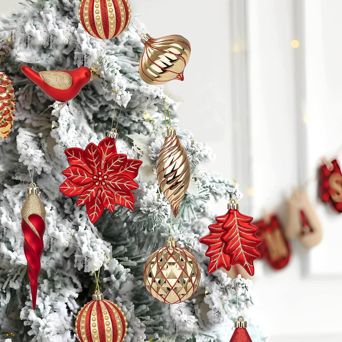 Set of 30 Christmas decorations red and gold baubles, birds, icicle cones Longest dimension 14 cm