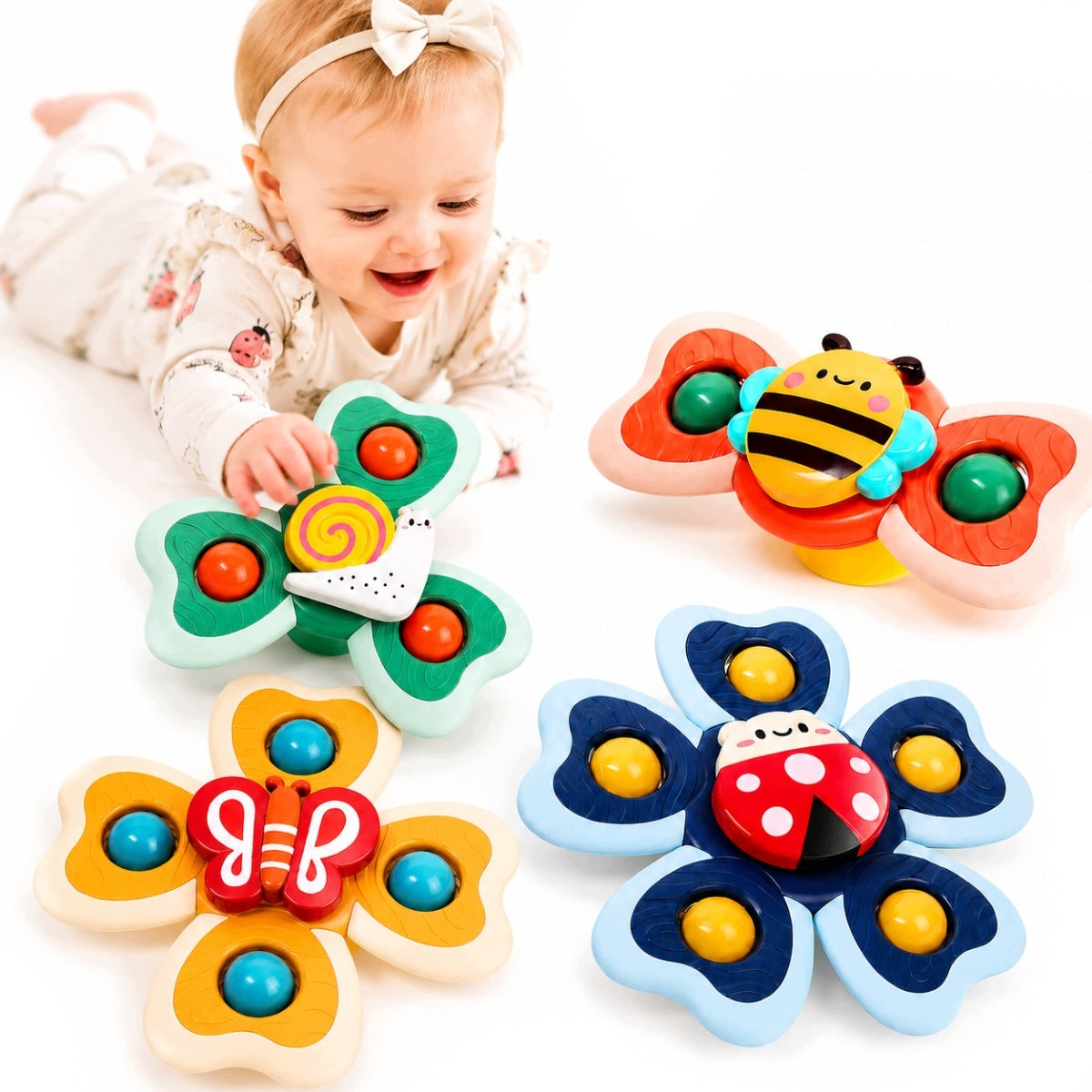 Set of 4 Spinning Toys with Suction Cup for Babies – Sensory Spinne
