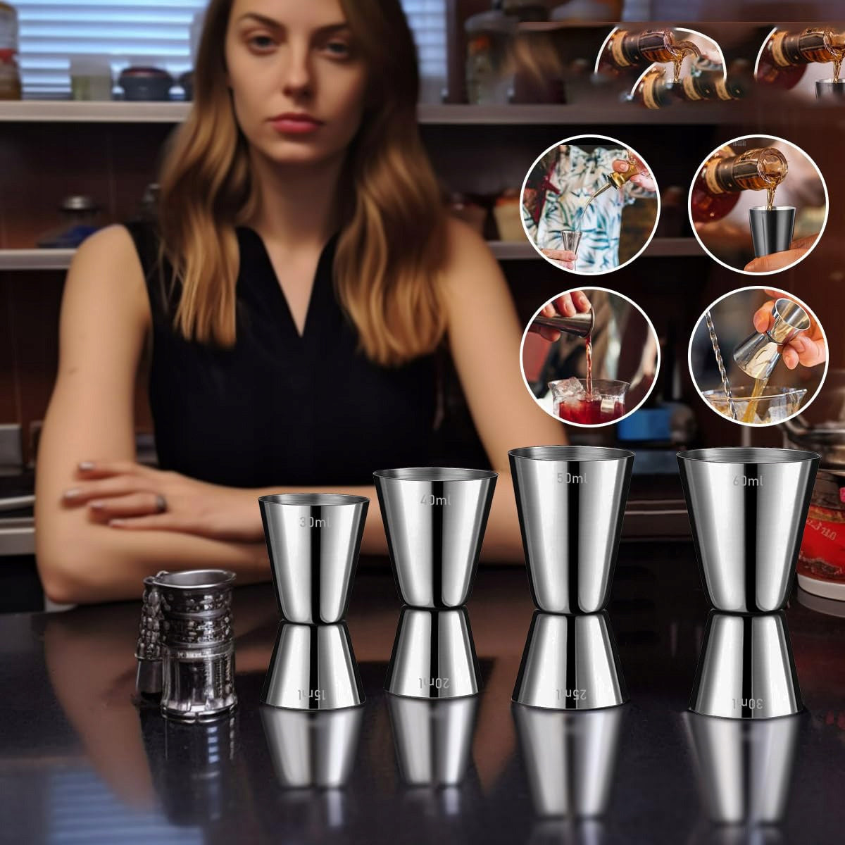 Set of 4 bartending scoops for drinks 50/25, 40/20, 60/30, 30/15 ml Manufacturer code Miarka 4szt