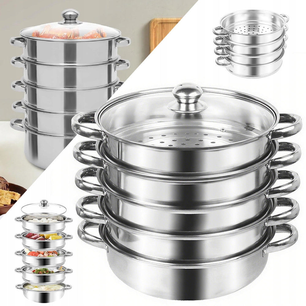 Set of 5 Stainless Steel Steamers, 5-Layer Steam Cooking Pot