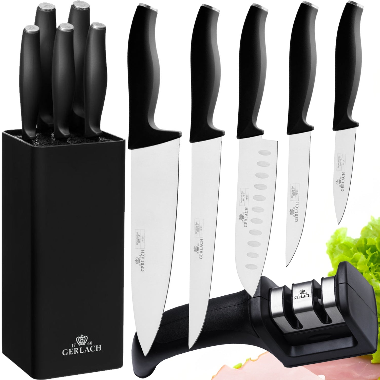 Set of 5 kitchen knives in black block steel Gerlach Comfort sharpener 2in1