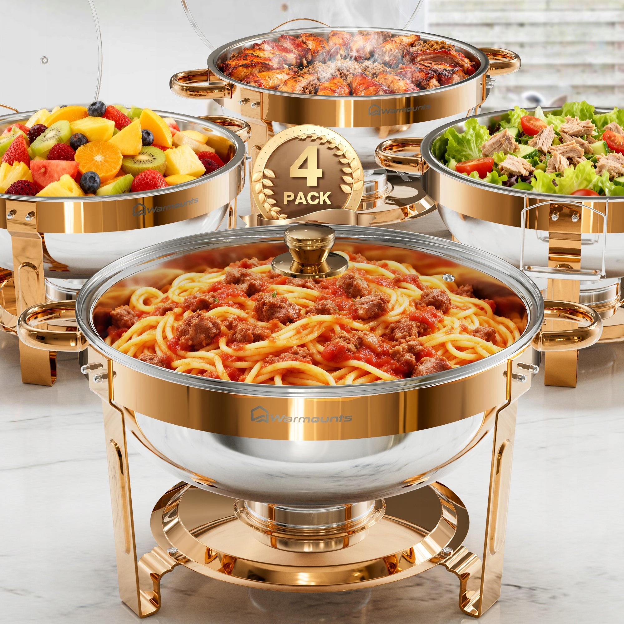 Set of 5QT Buffet Bemars 4 Pcs Stainless Steel Glass Cover Model Zestaw bemarów bufetowych 5QT 4 szt.