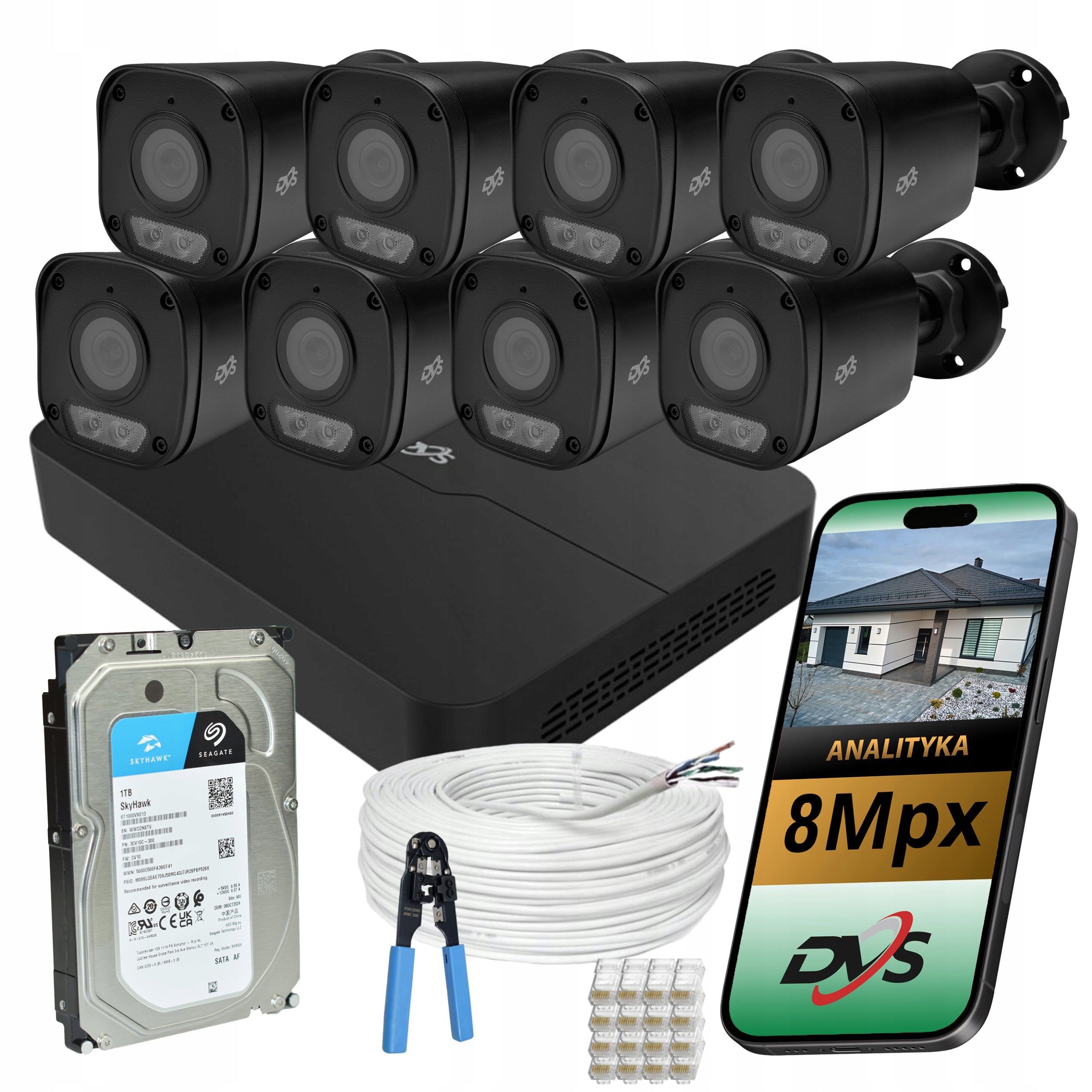 Set of 8 Black 8Mpx IP PoE Surveillance Cameras 8 Outdoor 1TB Cameras