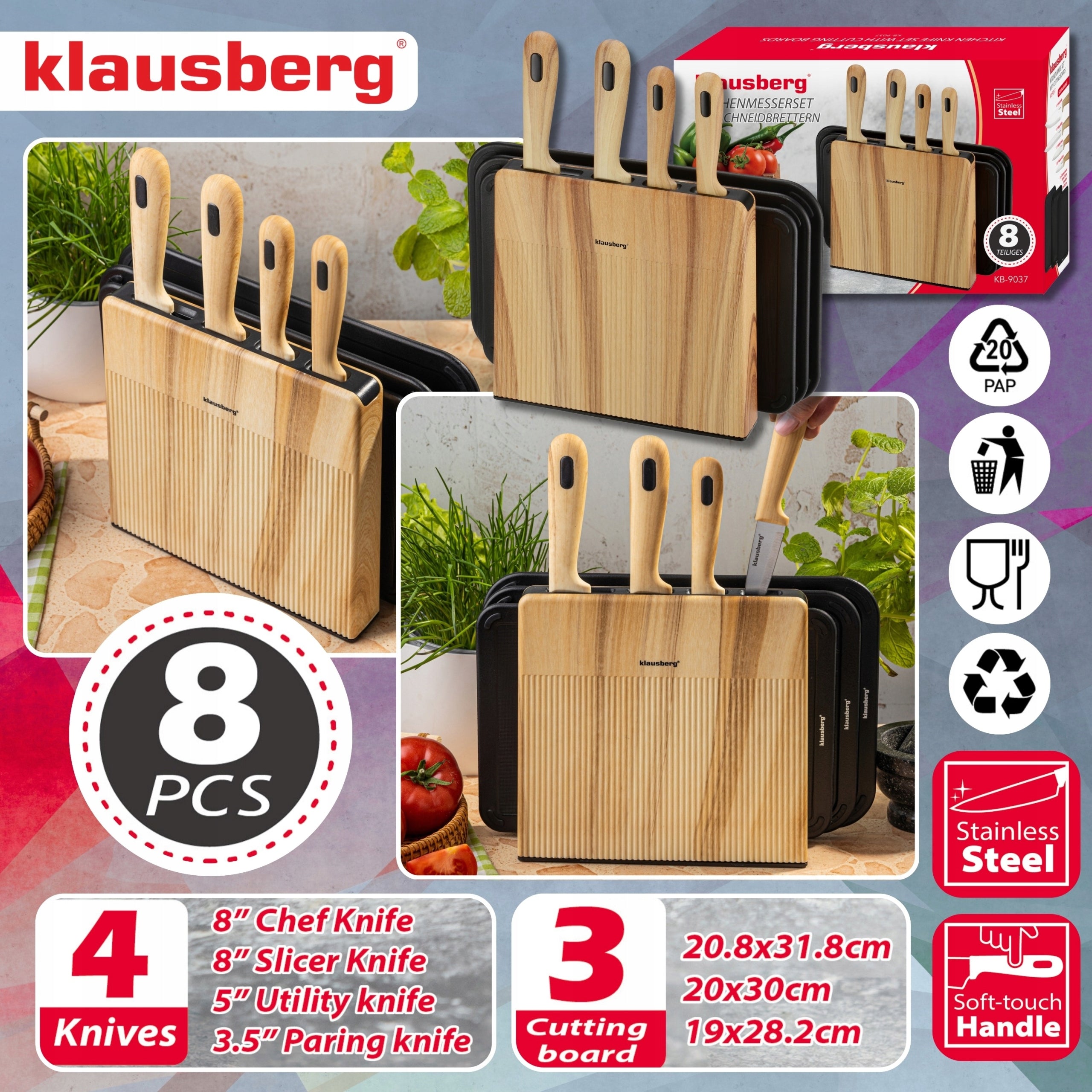 Set of 8el Knives Klausberg KB-9037 4 Knives 3 Boards Stand Kitchen Set Manufacturer code KB-9037