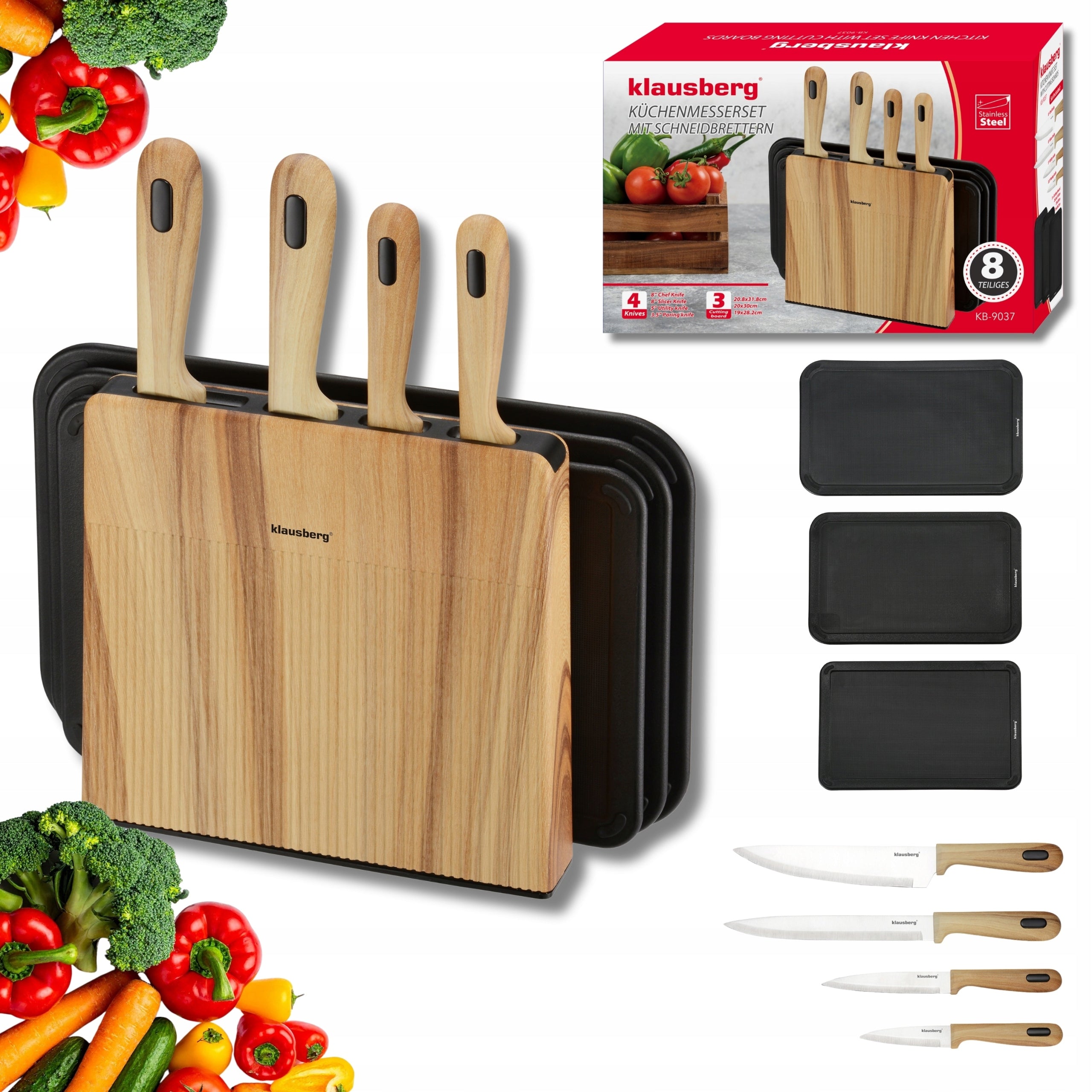 Set of 8el Knives Klausberg KB-9037 4 Knives 3 Boards Stand Kitchen Set