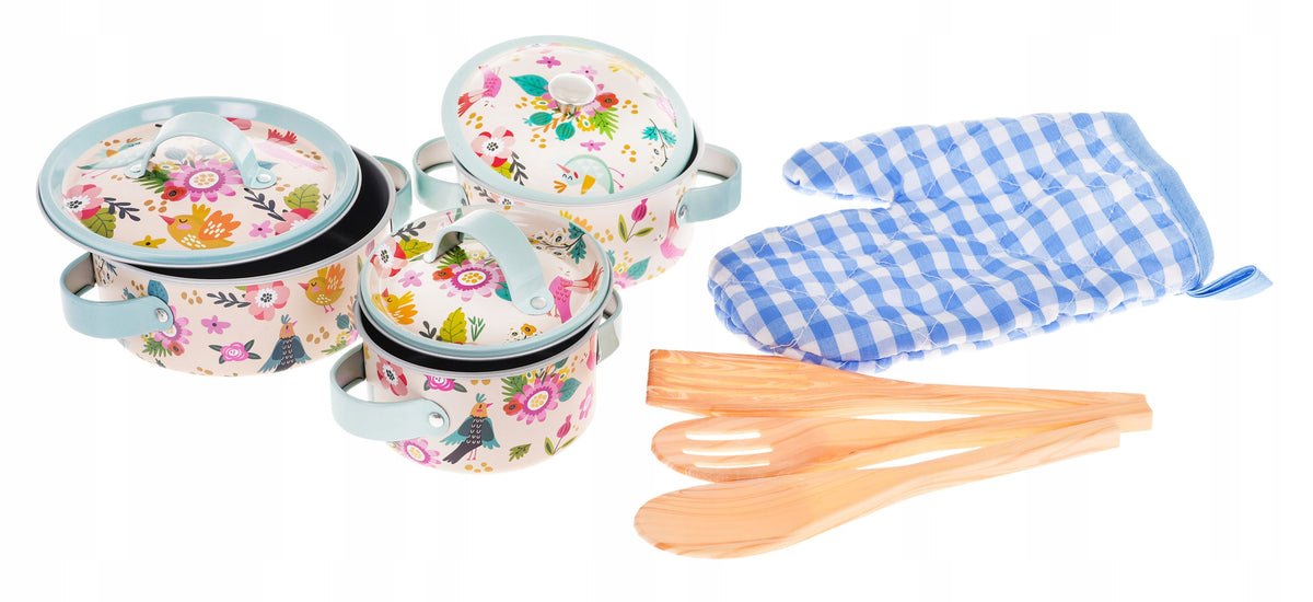 Set of Aluminum Pots for Kids 3+ Accessories 10el Utensils Glove Packaging status original