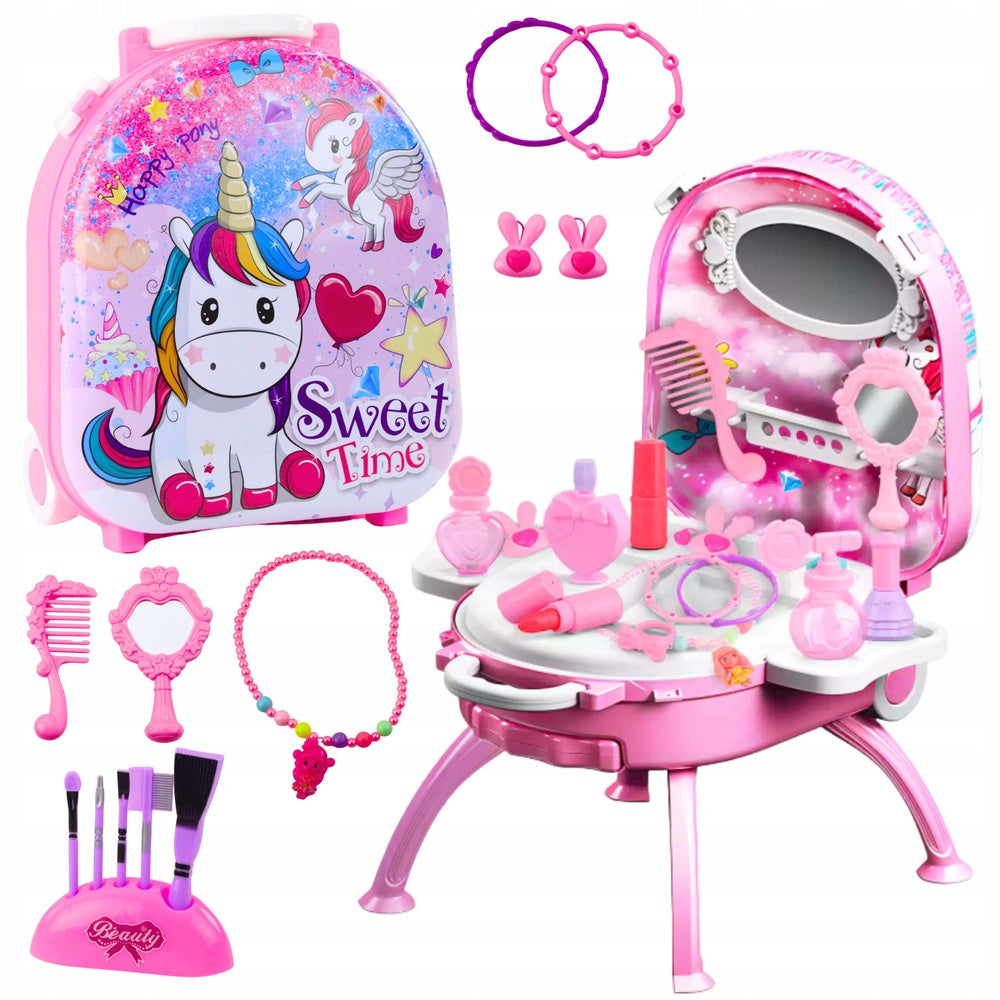 Set of Beauty Dressing Table In Suitcase 2in1 Accessories Unicorn Pink
