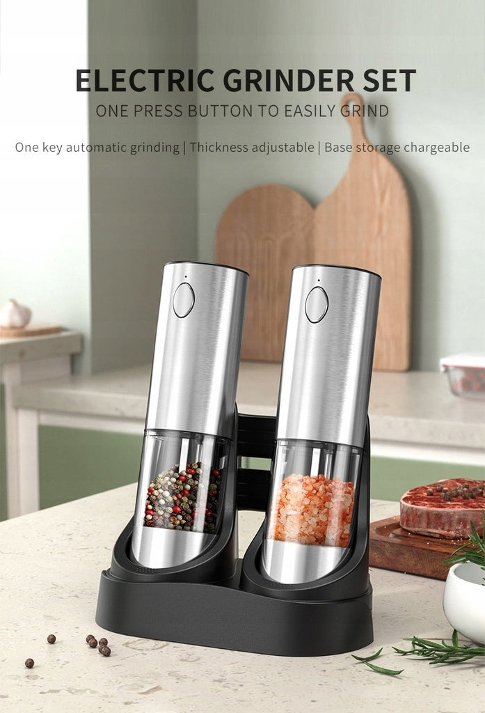 Set of Electric Pepper Salt Grinders Spices Charging Base ZM-S1 Manufacturer code Zestaw Młynków Elektrycznych Do Soli Pieprzu