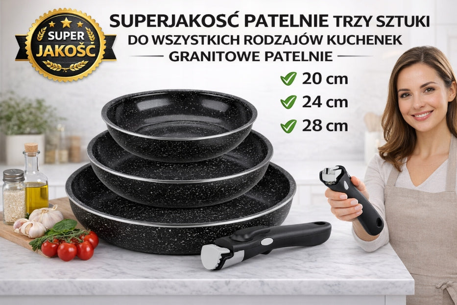 Set of Granite Pans 3 pcs 20 24 28 cm Detachable Handle Induction Manufacturer code 9987