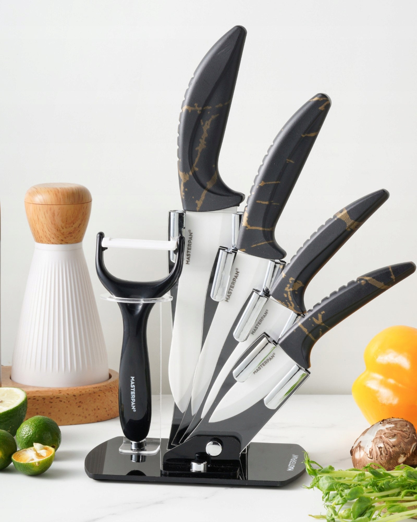 Set of Kitchen CERAMIC Knives in Stand 5 el peeler SHARP Brand Masterpan