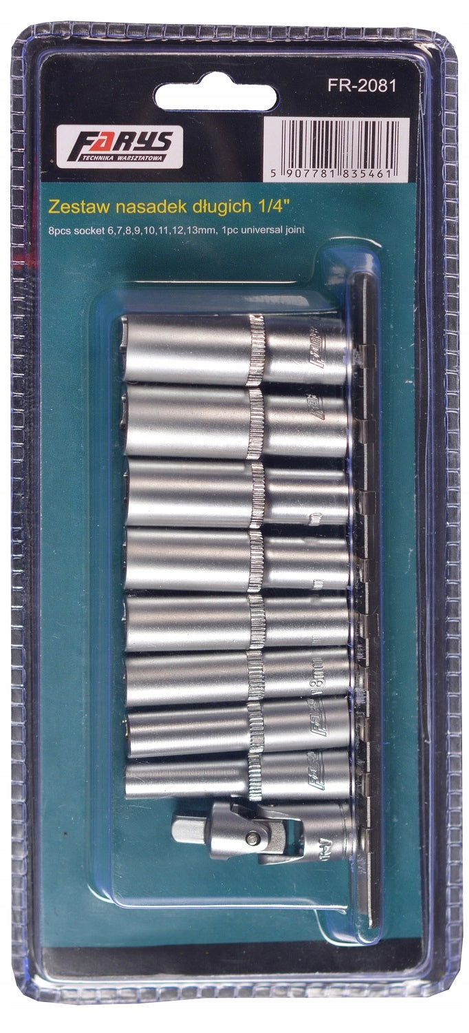 Set of Long Caps 1/4” 6 – 13 mm 6-angle + Cardan Joint Farys Brand Farys