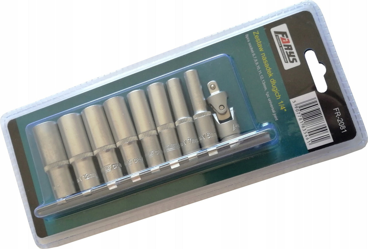 Set of Long Caps 1/4” 6 – 13 mm 6-angle + Cardan Joint Farys