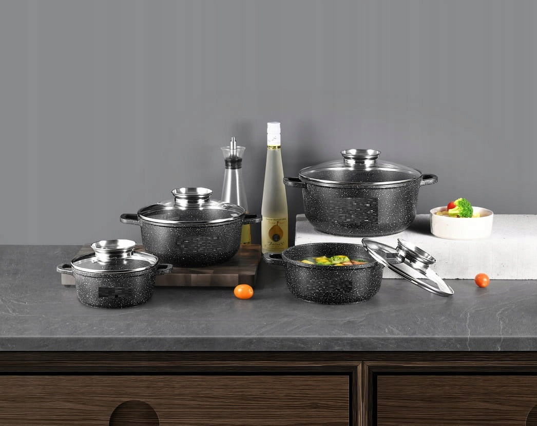 Set of Marble Pots 8 el. | Set with Lids – Induction/Gas Manufacturer code Zestaw Garnków Marmurowych Czarne KB-424