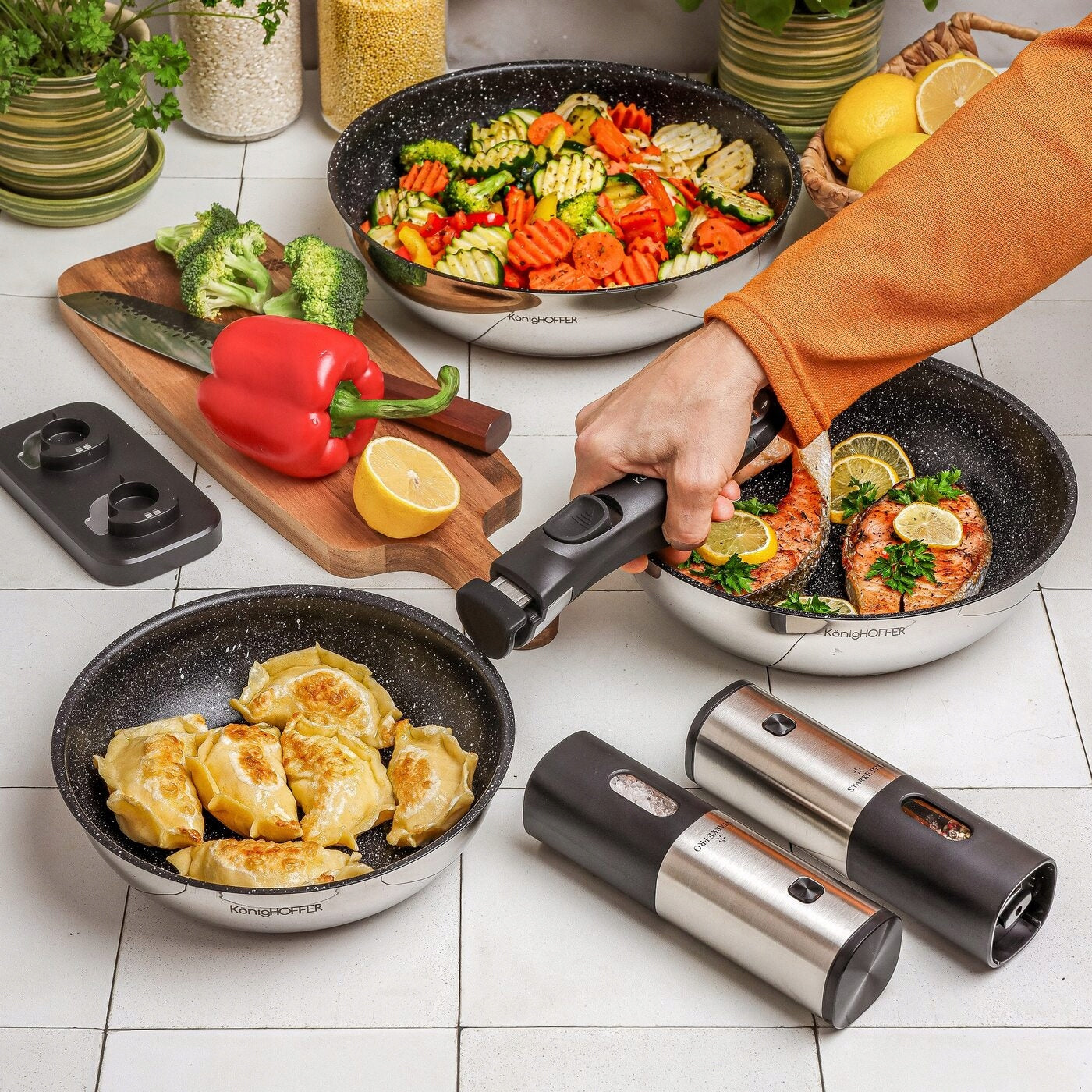 Set of PANS 3x DEEP Detachable HANDLE Konighoffer Colate 20x24x28 Packaging status original