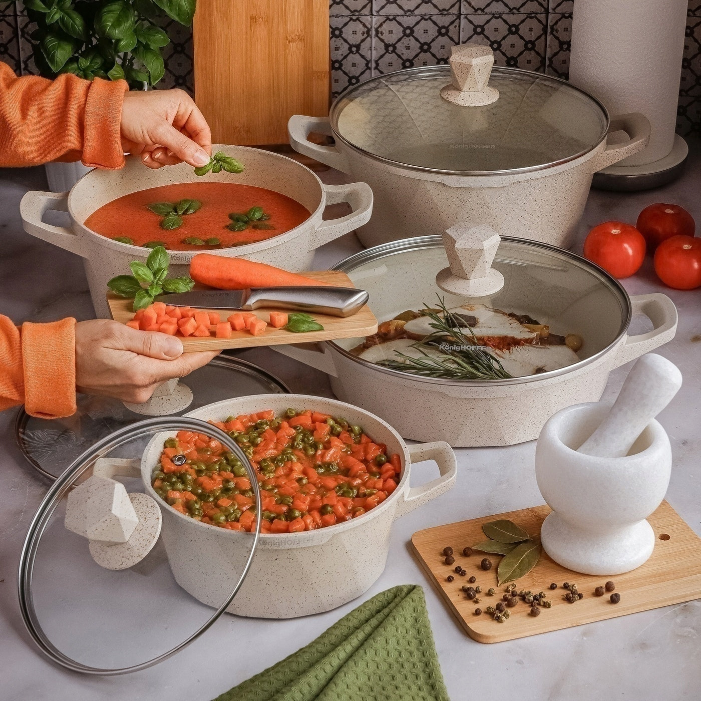 Set of POTS INDUCTION Marble LID Konighoffer Corte 20/24/28 Color transparent