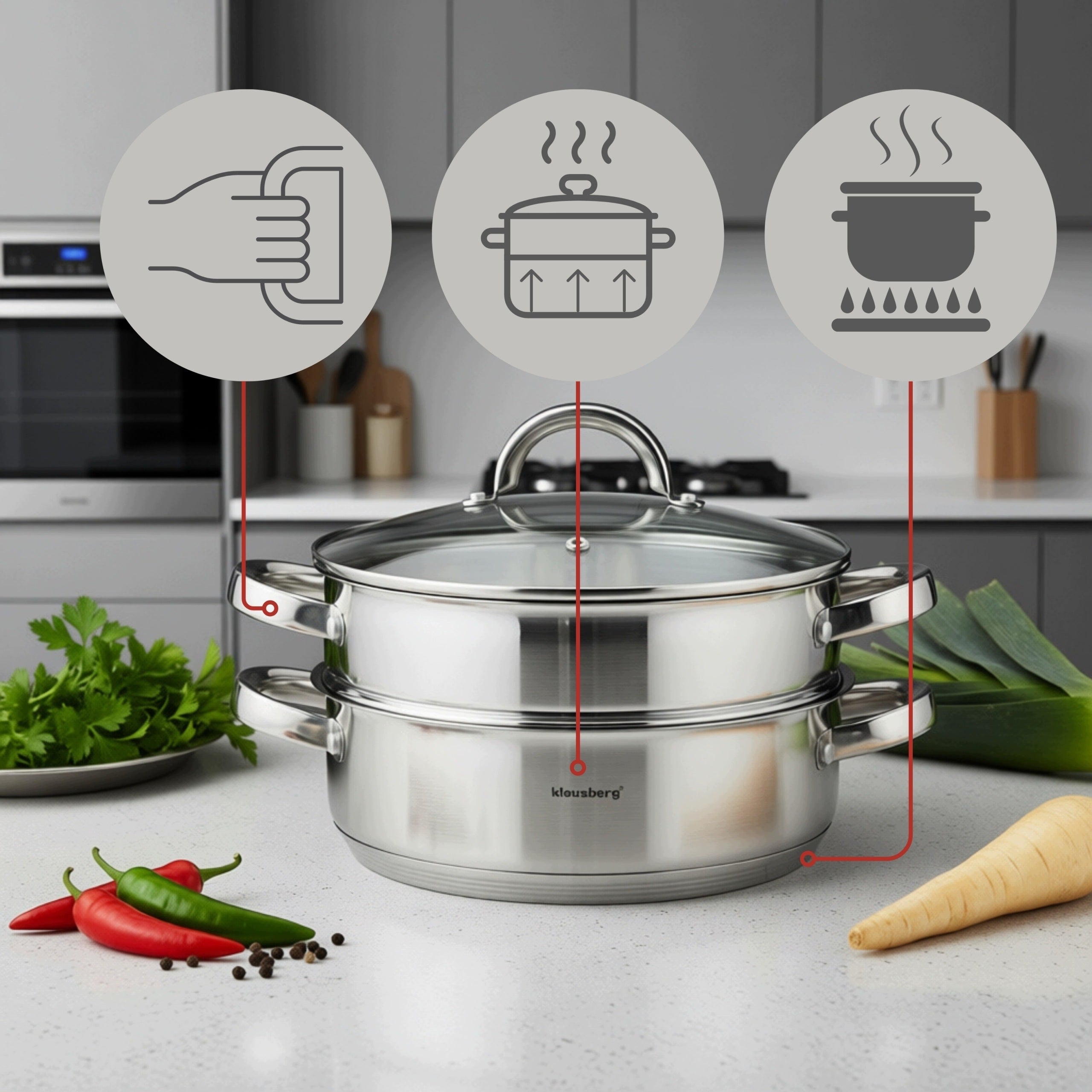 Set of STEAMING POTS 3el. 28cm. Steam POT 6 L Steamer Manufacturer code KB-9074