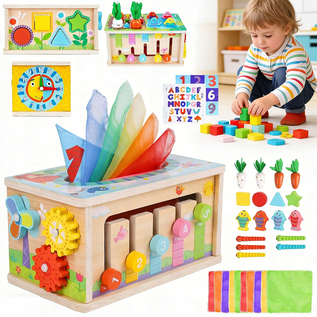 Set of Sensory Toys for Babies 6in1 Sorter Teether Wipes BOX