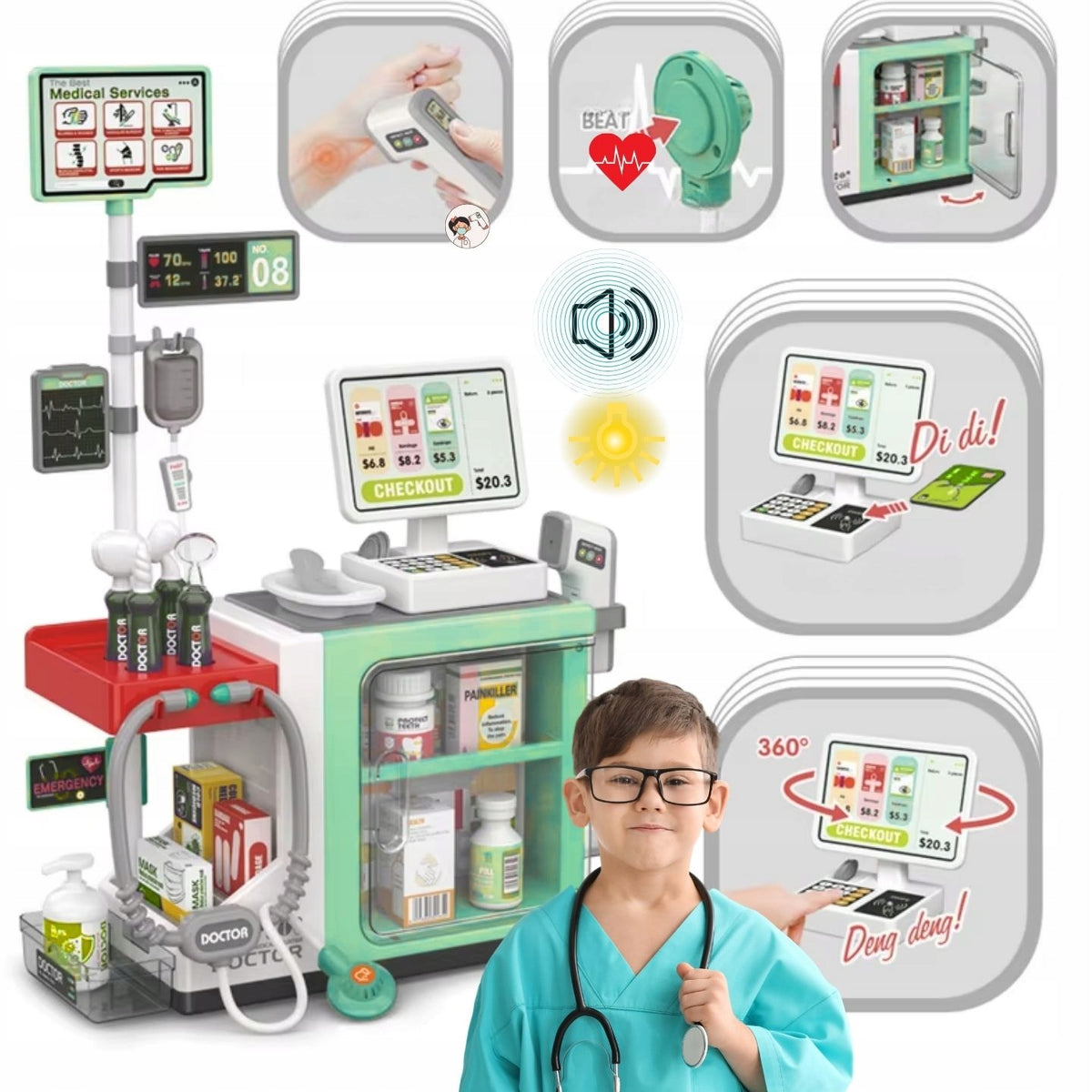Set of Small Doctor Trolley ECG Interactive for Children XXL + 49 el.