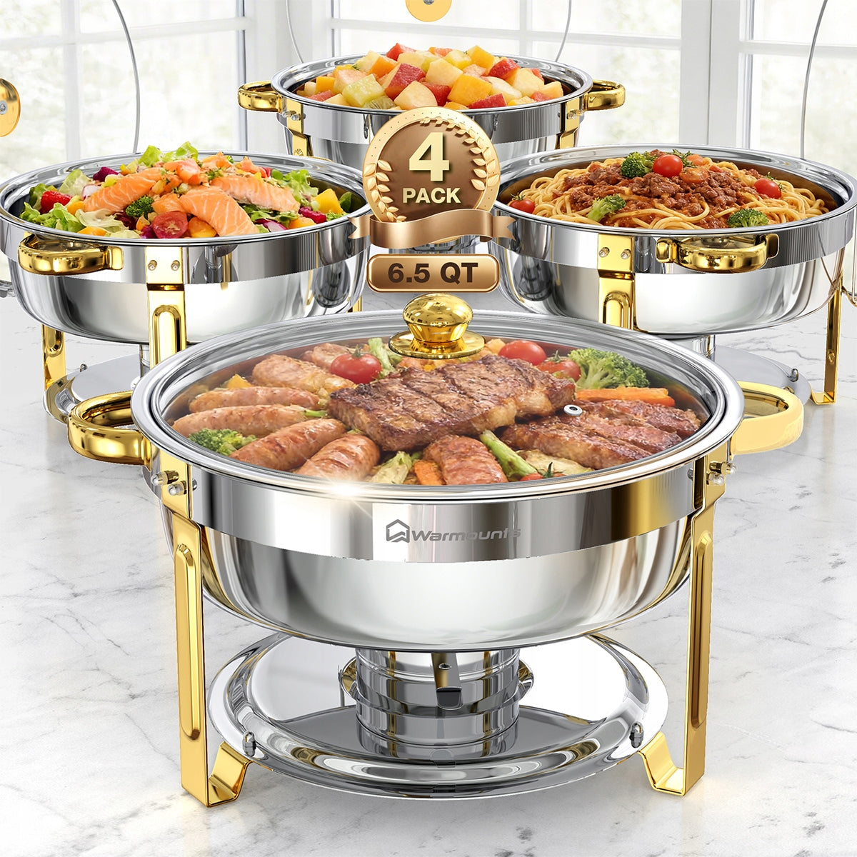 Set of buffet bemars 6L 4 pcs stainless steel glass cover