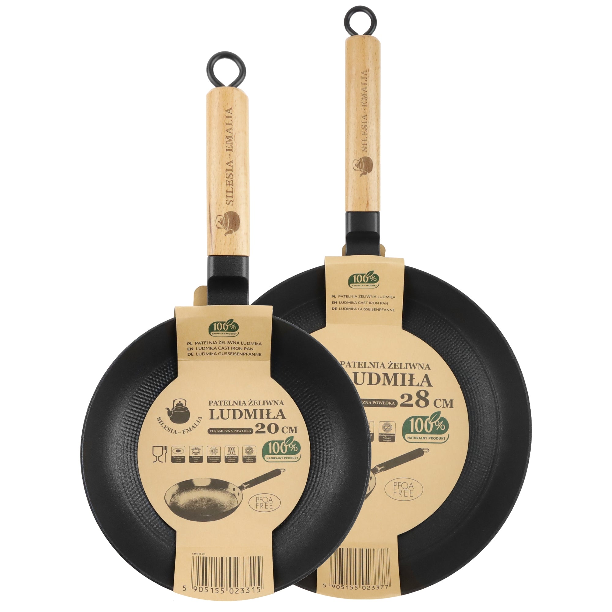 Set of cast iron pans NON-STICK with wooden handle LUDMIŁA 20cm + 28 cm