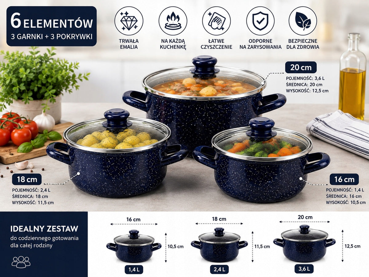 Set of pots, enamel pots, set of 6el, with lids, induction, gas Packaging status original