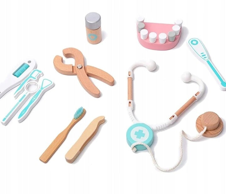 Set of small doctor wooden dentist akcesoria first aid kit stethoscope W082 EAN (GTIN) 5903794635937
