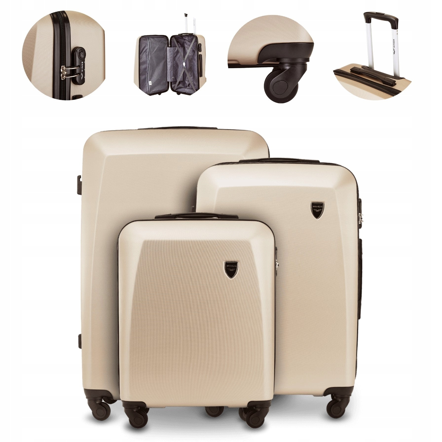 Set of suitcases WINGS ABS+ capacious checked cabin luggage medium large