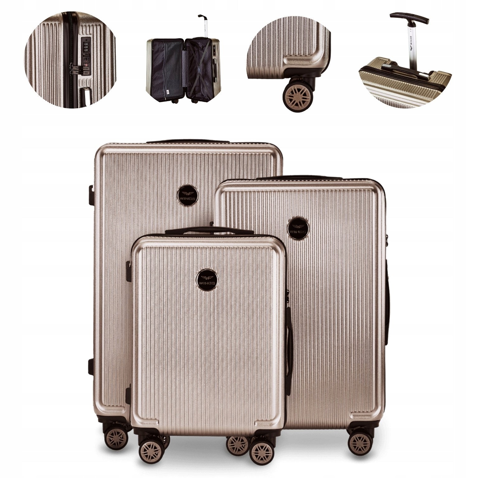 Set of suitcases WINGS polycarbon TSA 3 pcs large set on 4 wheels 360