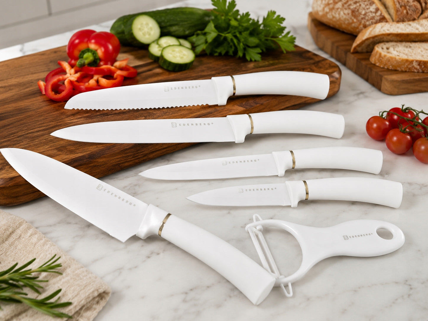 Set of white knives 5 pcs. + ceramic peeler in magnetic box