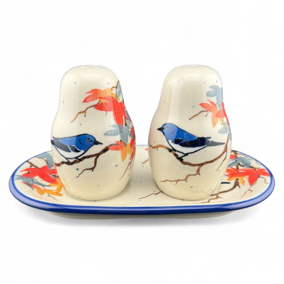 Set salt shaker pepper shaker UNIKAT Autumn bird U5074 Bolesławiec