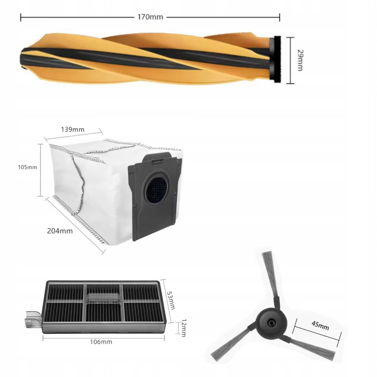 Set side brush roller mop bags filters for Mova Z60 Z70 ULTRA ROLLER Manufacturer code AROB000169