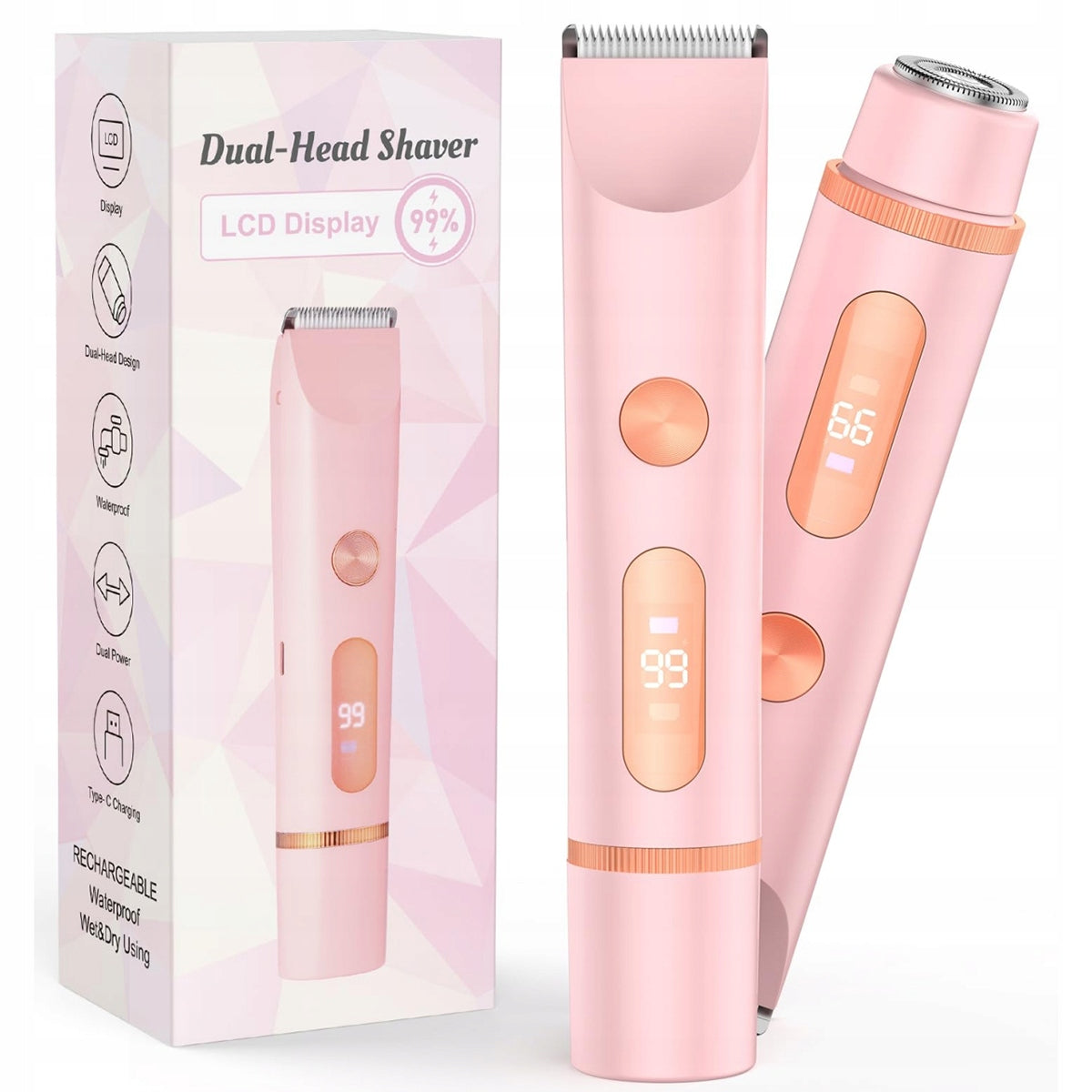 Shaver for Women 2in1 for Intimate Places Waterproof IPX7 pink