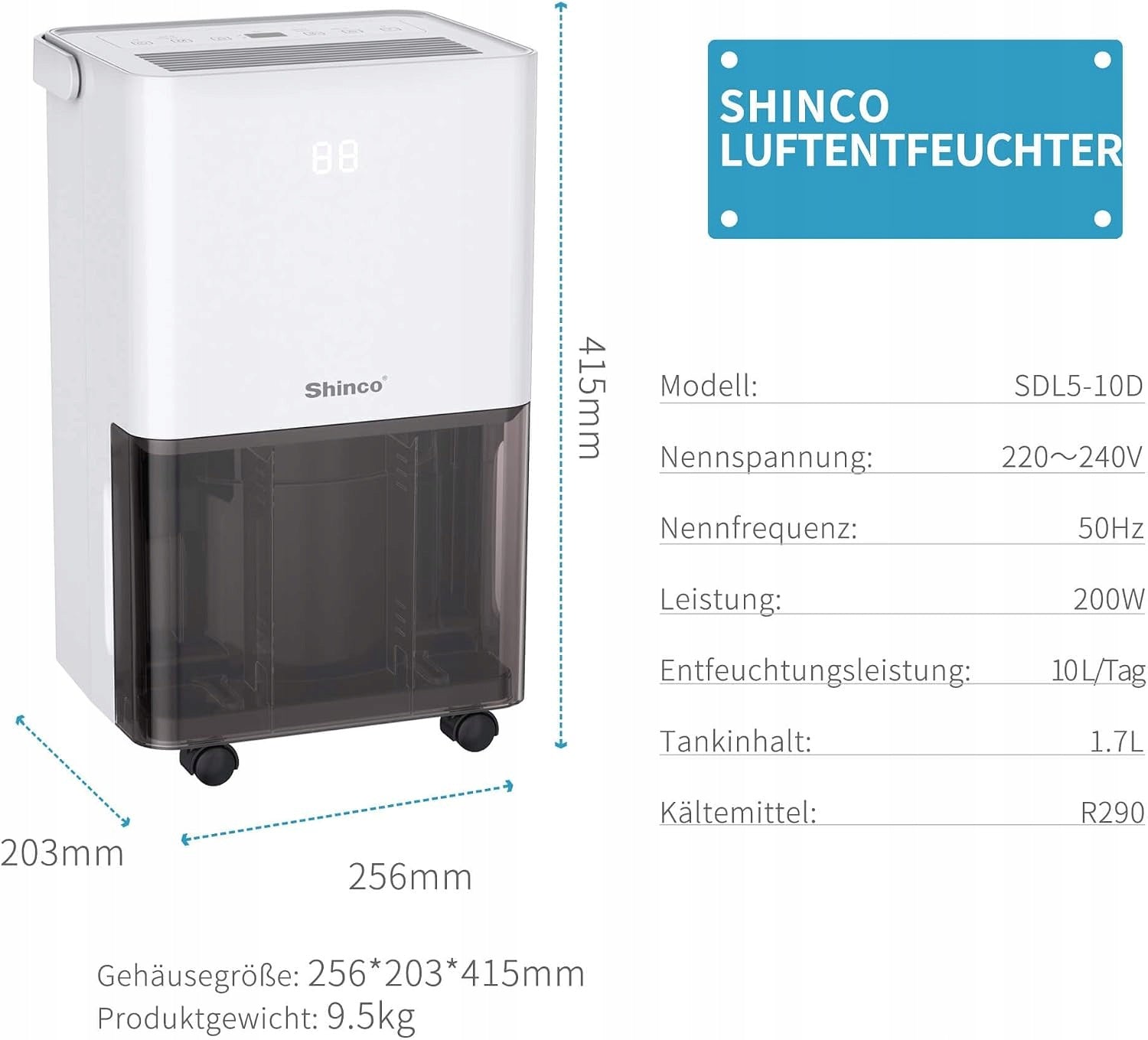 Shinco SDL5-10D Dehumidifier 200W 10l / 24h 1,7l 39dB Quiet TIMER Manufacturer code SDL5-10D