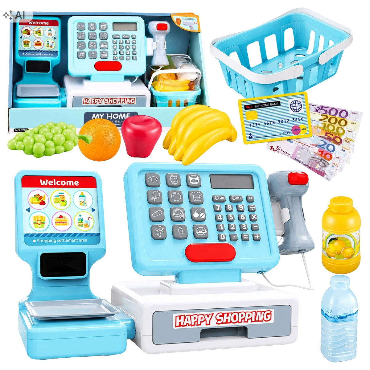 Shop Cash Register Fiscal Toy Interactive Scanner Basket Weight Set XXL Manufacturer code oz2830+wlep firmowy